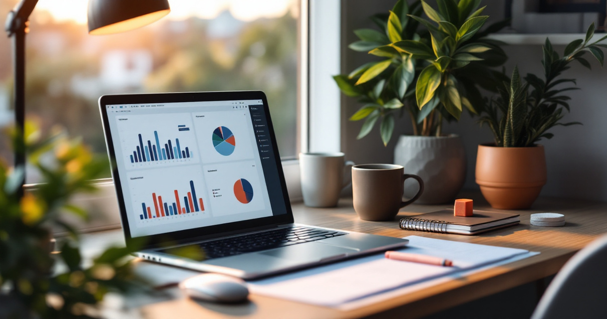 Lightweight analytics dashboard setup on a small team desk with lime accents
