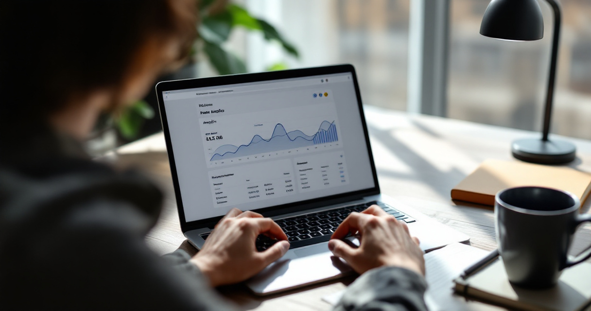 Simple analytics dashboard on a laptop in a calm privacy-focused workspace