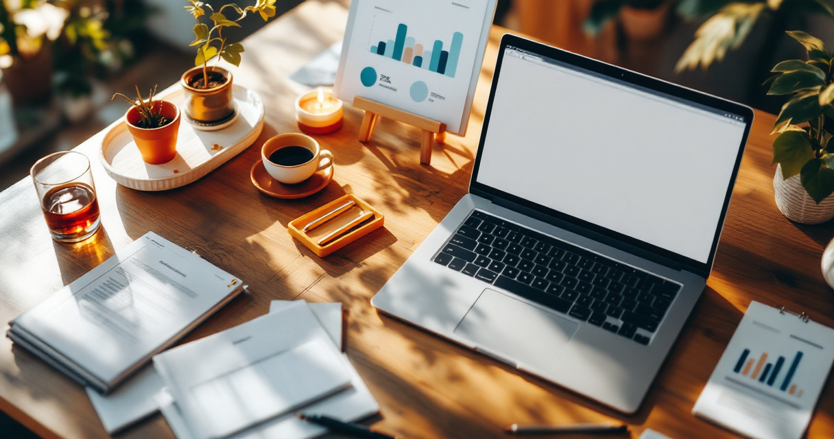 Blank startup website page mockups arranged on a founder’s desk with lime accent details