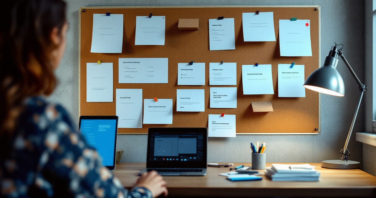 Hands prioritizing blank startup website page wireframes on a cork planning wall