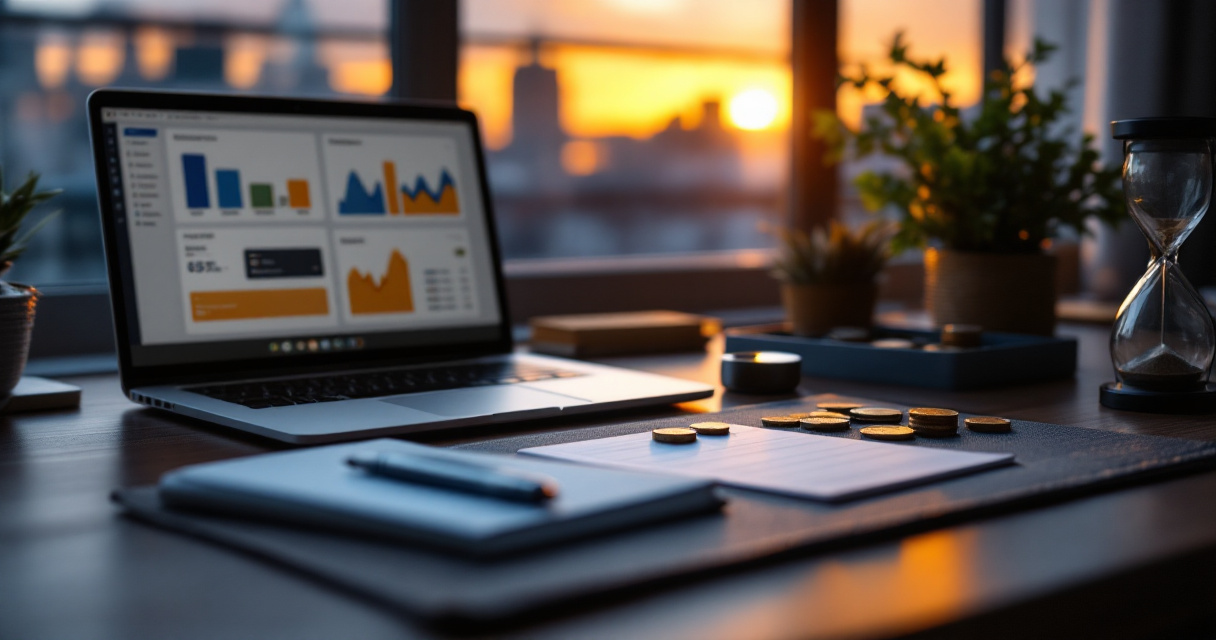 Founder desk scene illustrating essential website KPI benchmarks for startup growth