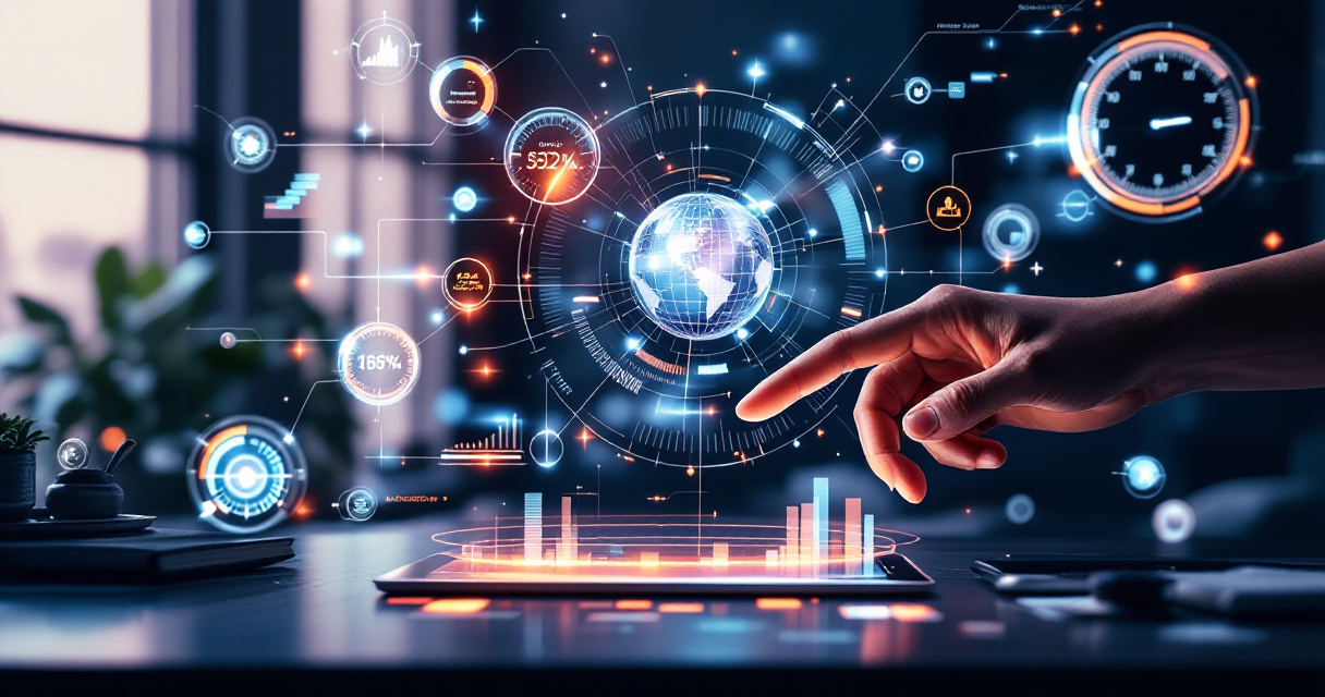 Futuristic SaaS analytics scene with glowing data spheres and metric indicators guiding marketing experiment evaluation