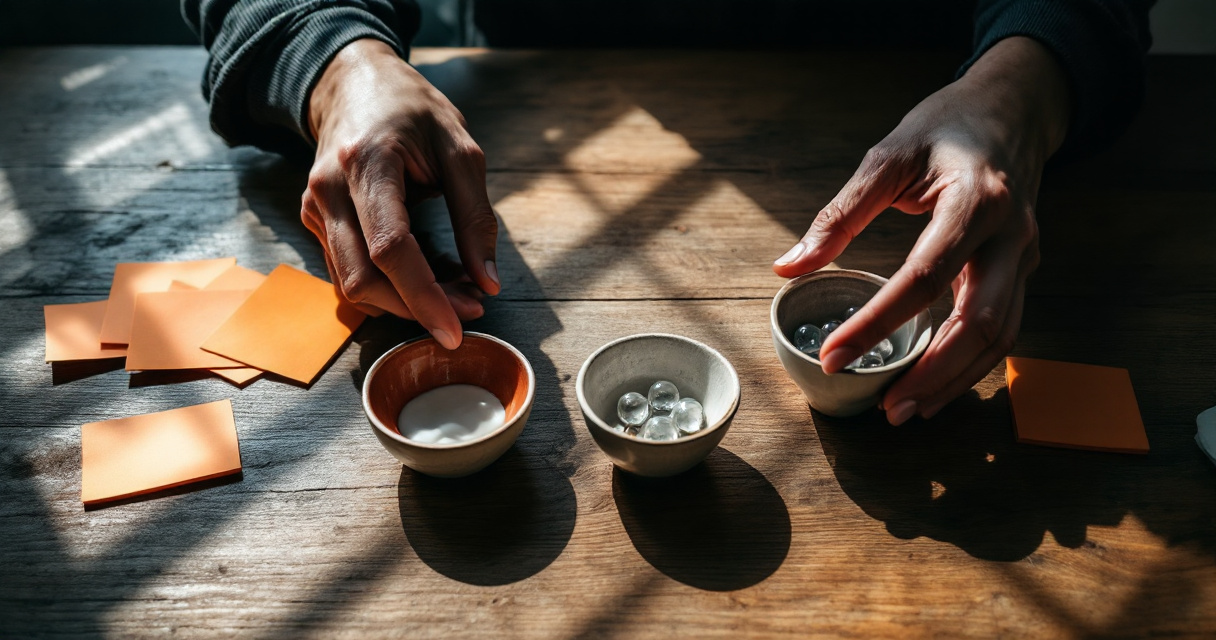 Hands arranging marbles through bowl stages to represent planning a simple marketing funnel