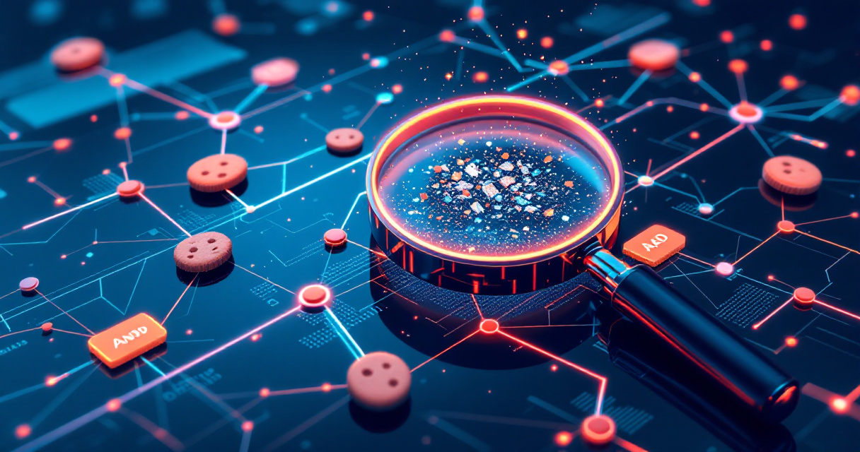 Marketer auditing fragmented ad tracking connections and disappearing cookie signals in a futuristic analytics dashboard
