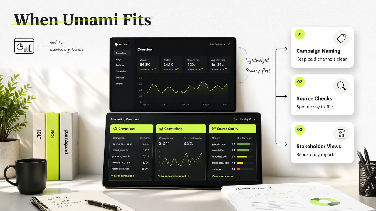 Marketing analytics diagram showing where Umami falls short for campaign reporting.