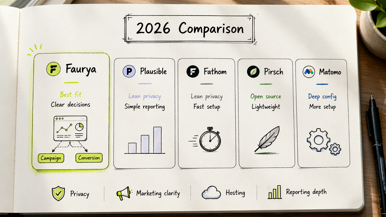 Comparison board of Umami alternatives with Faurya highlighted for marketing teams.