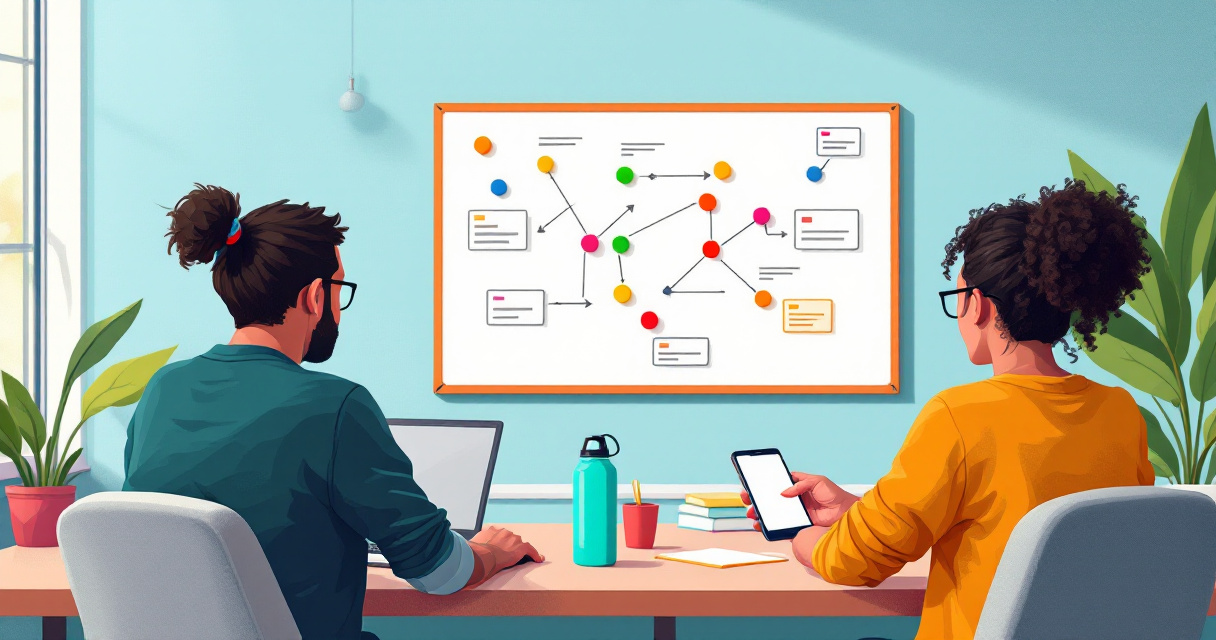 Startup growth team mapping simple campaign tracking workflow with magnets and laptops
