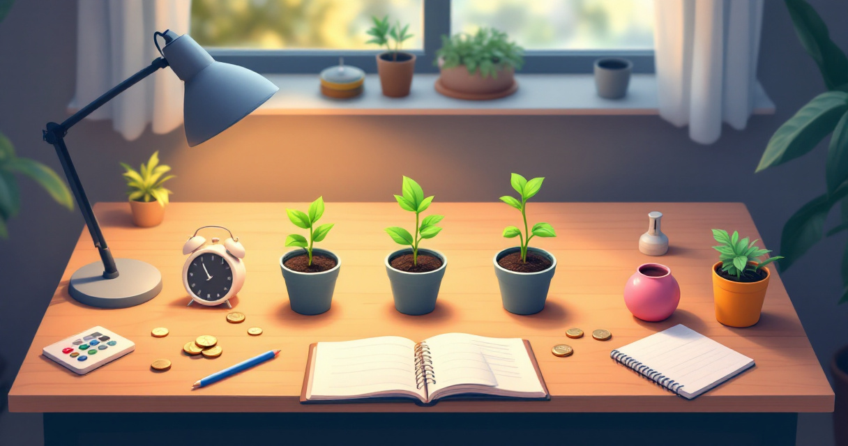 Small startup desk experiment with three potted plants under lamps representing quick marketing tests