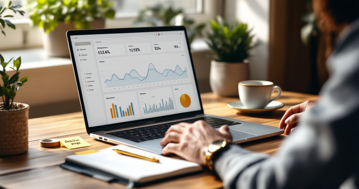 Founder reviewing a clean website analytics dashboard in a premium workspace