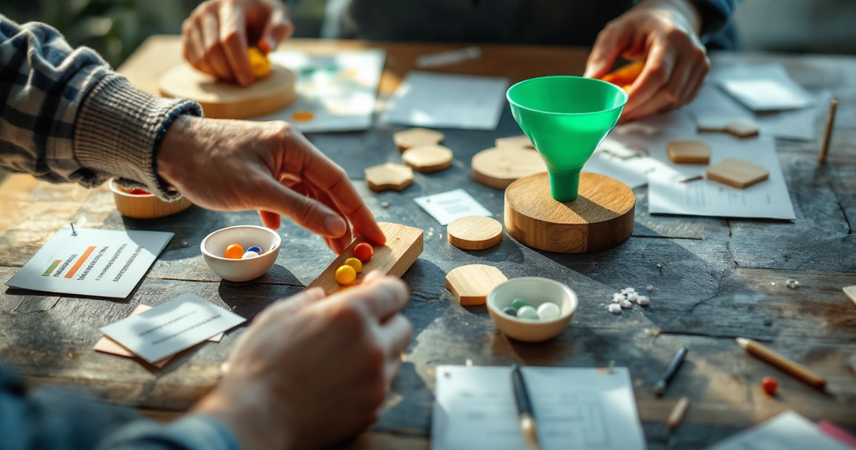 Hands organizing acquisition metrics with funnels and objects on a strategy table