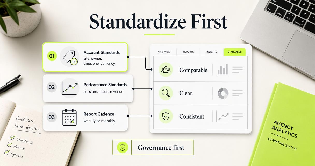 Agency analytics framework diagram showing standards, metrics, and reporting cadence.