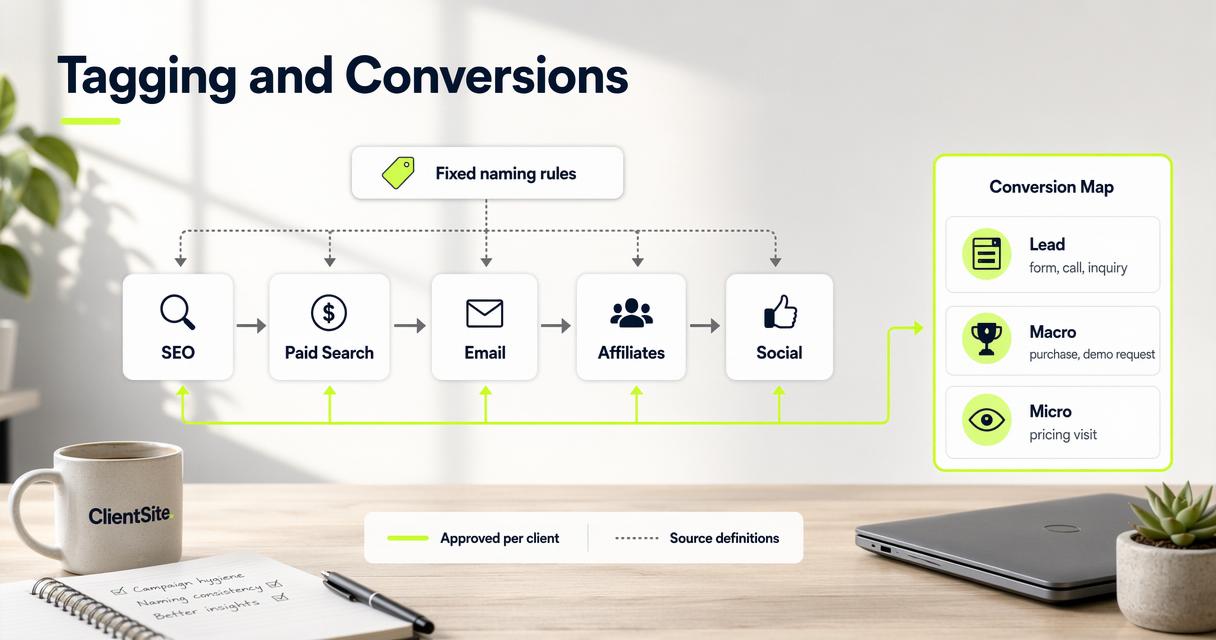 Annotated workflow for campaign tagging, source definitions, and conversion types.
