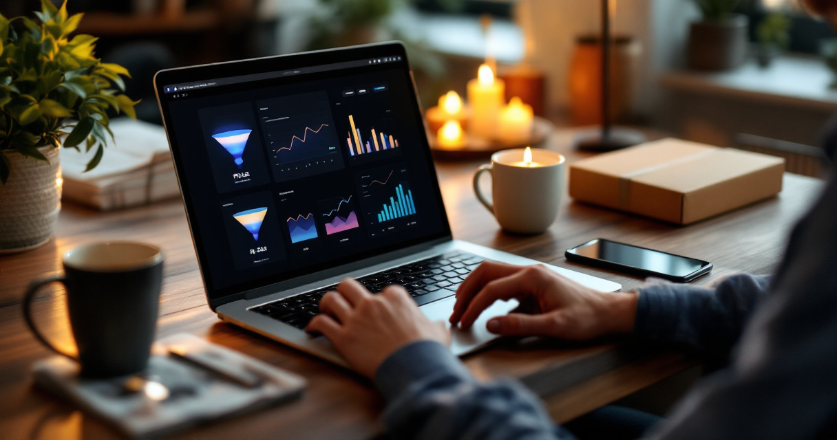 Founder reviewing ecommerce analytics across traffic, product interest, conversion, and checkout signals