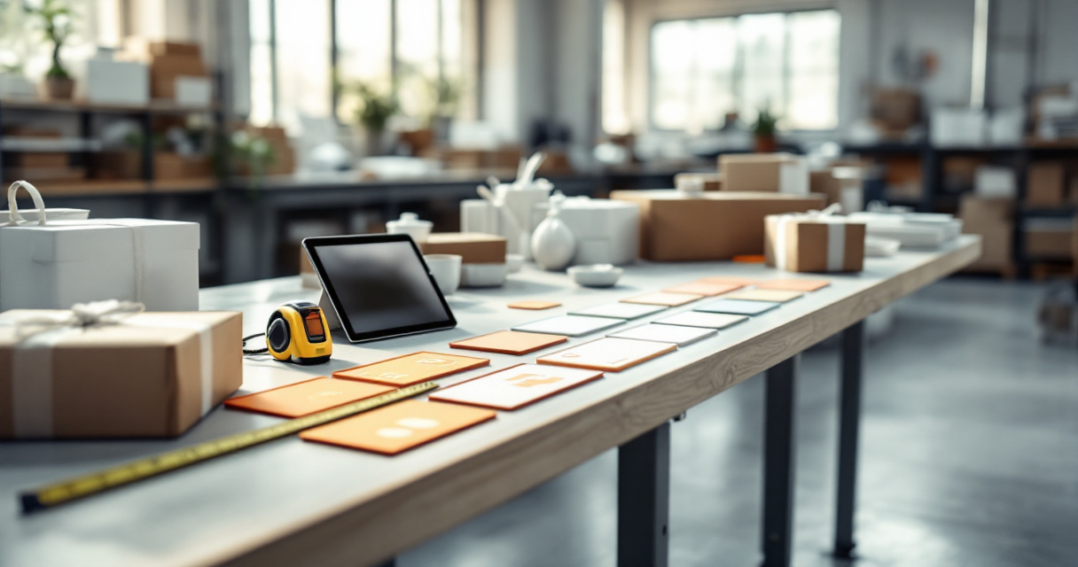 Ten ecommerce metric tiles arranged beside products, parcels, and an unlabeled analytics tablet