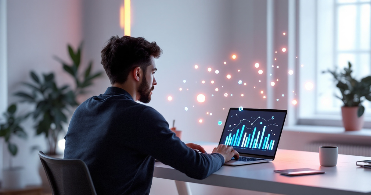 Indie hacker choosing simple analytics tools with glowing data visuals on a minimalist laptop workspace
