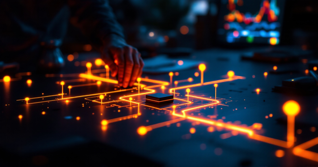 Founder running growth experiments using branching data paths and glowing product analytics concepts