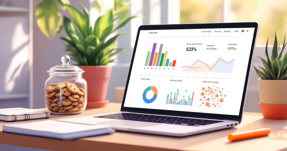 Minimal startup workspace with anonymous website analytics dashboard and cookie jar representing cookie‑free tracking