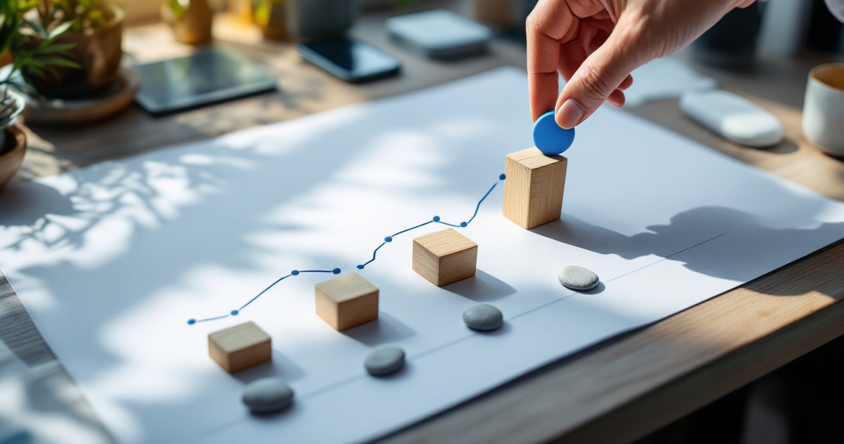 Hands arranging simple growth indicators and green marker token to represent meaningful startup metrics