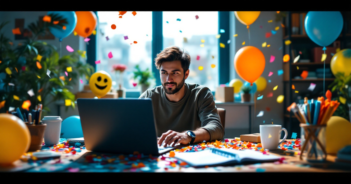 Startup desk covered in celebratory social feedback clutter while real business work sits ignored