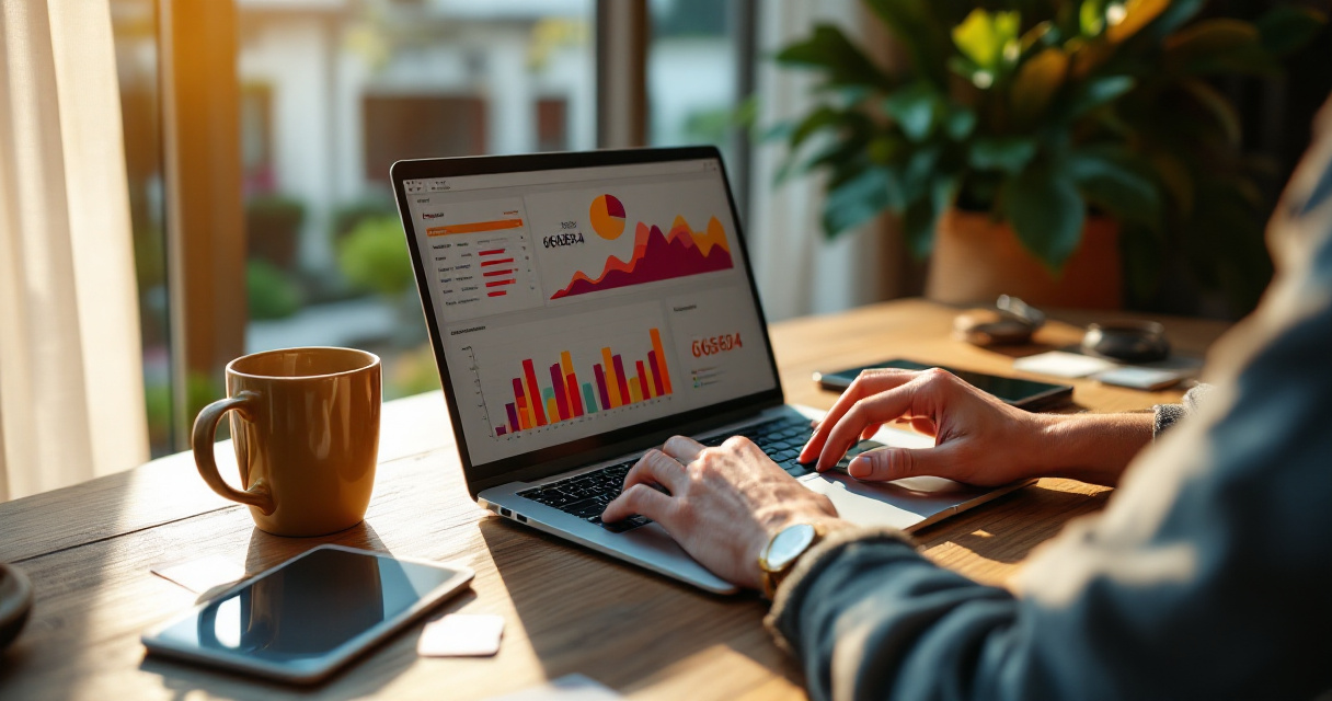 Hotel revenue manager analyzing booking patterns on laptop in boutique hotel office