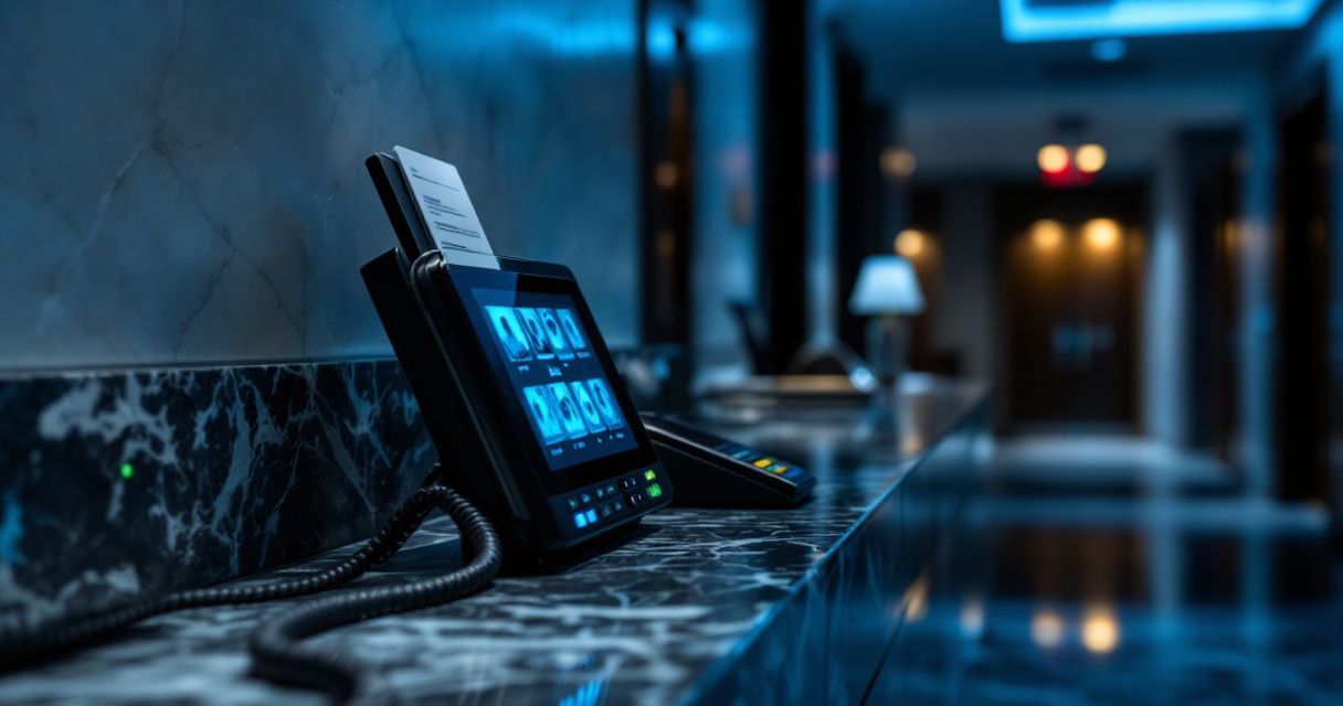 Hotel front desk security devices and surveillance monitors in a quiet nighttime lobby