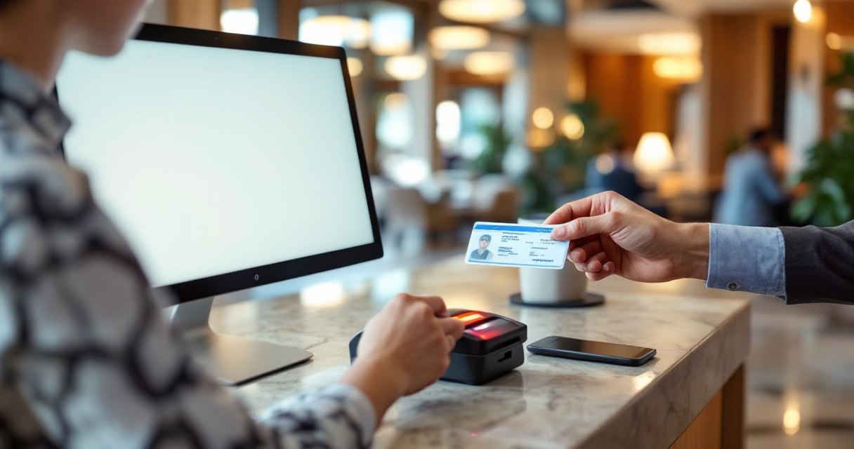 Hotel receptionist scanning guest ID at front desk with compact scanner during check‑in