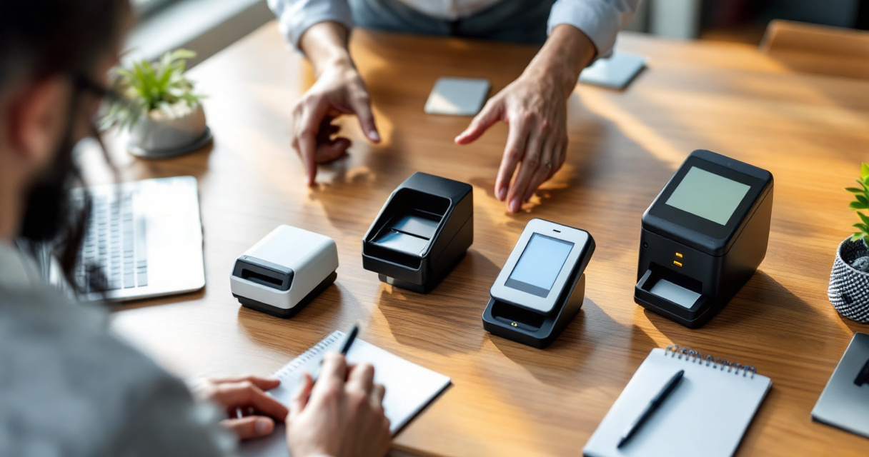 Hotel manager comparing different ID scanner models on desk for property management system
