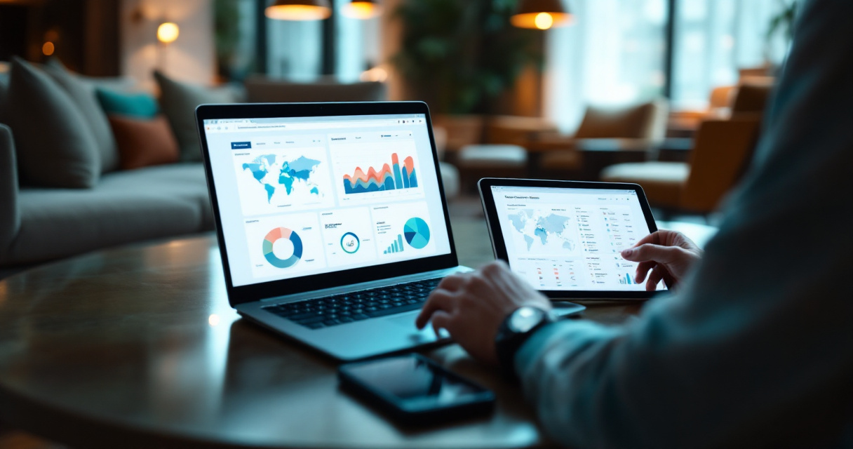 Hotel manager comparing revenue management software options on laptop and tablet in lobby lounge