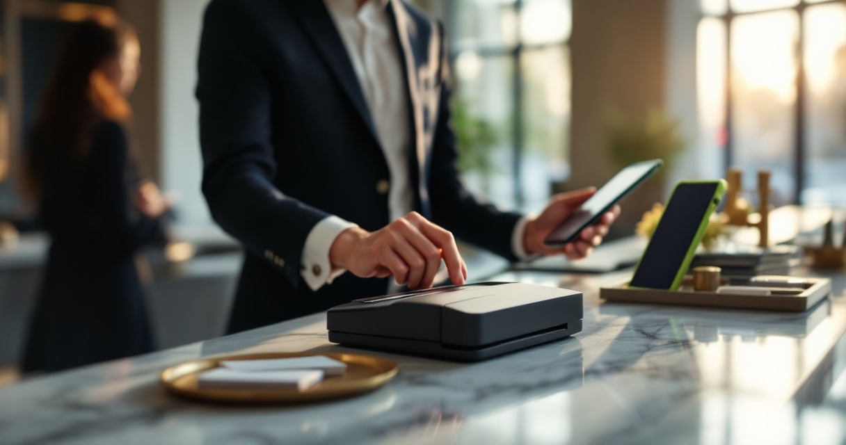 Hotel front desk verifying guest identity with passport scanner during check‑in