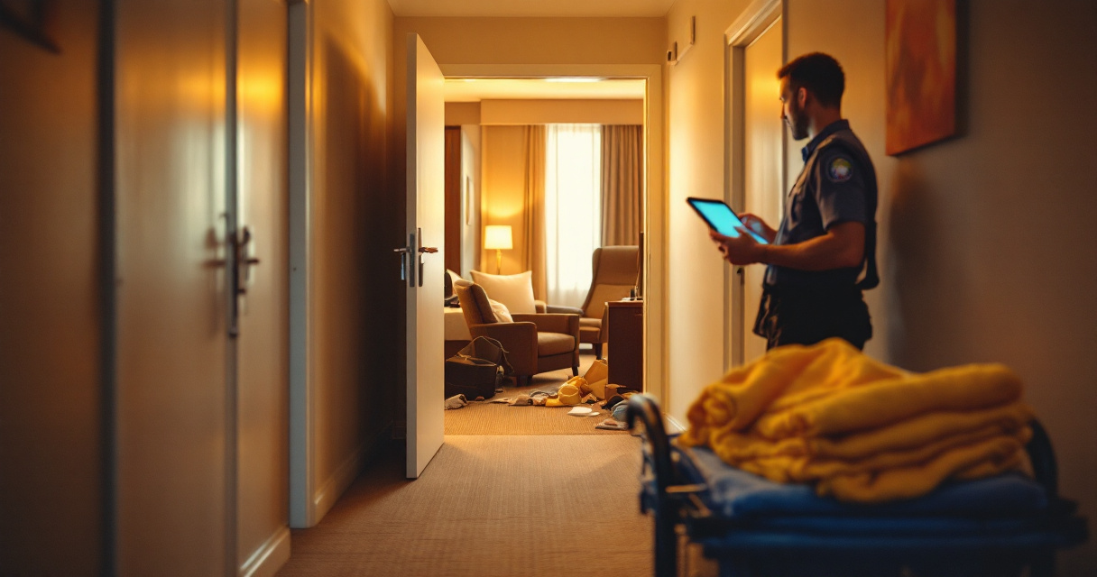 Hotel hallway incident scene showing security responding to damage in guest room