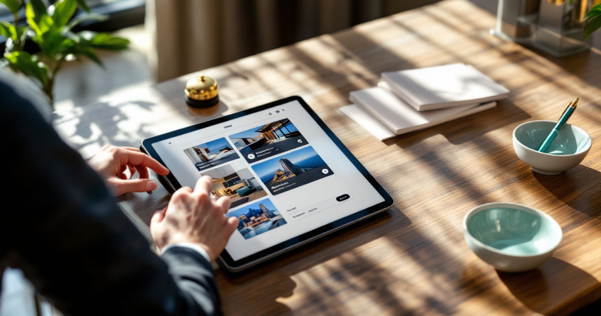 Hotel manager using tablet booking interface at boutique hotel reception desk