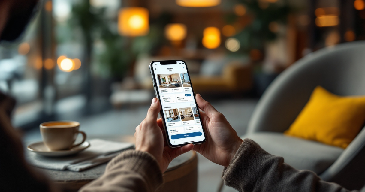 Guest using smartphone to book hotel stay in stylish lounge setting