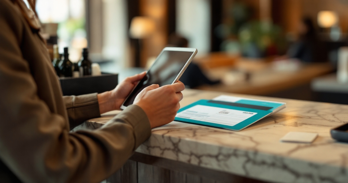 Front desk identity check in an extended-stay hotel lobby with discreet screening workflow