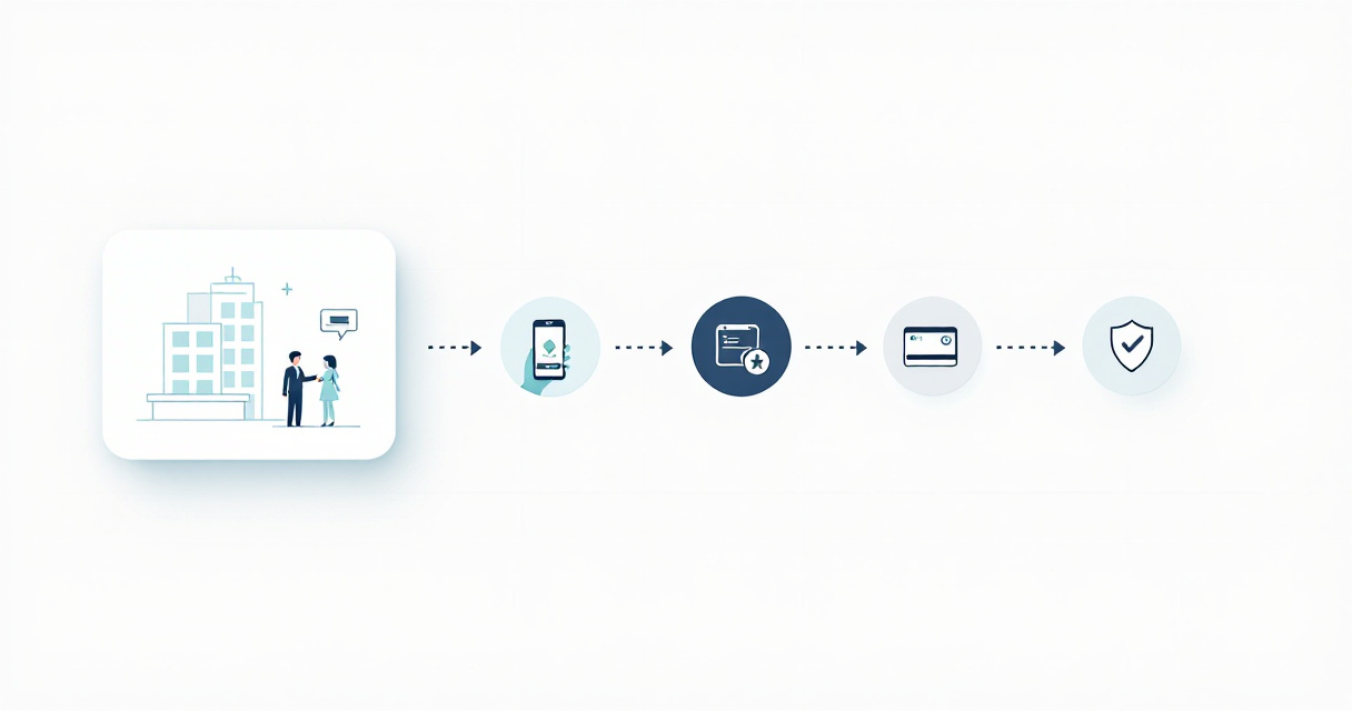 Infographic showing a hotel front desk guest verification workflow with ID checks, digital verification tools, fraud prevention, risk guest management, and staff training connected in a process diagram.