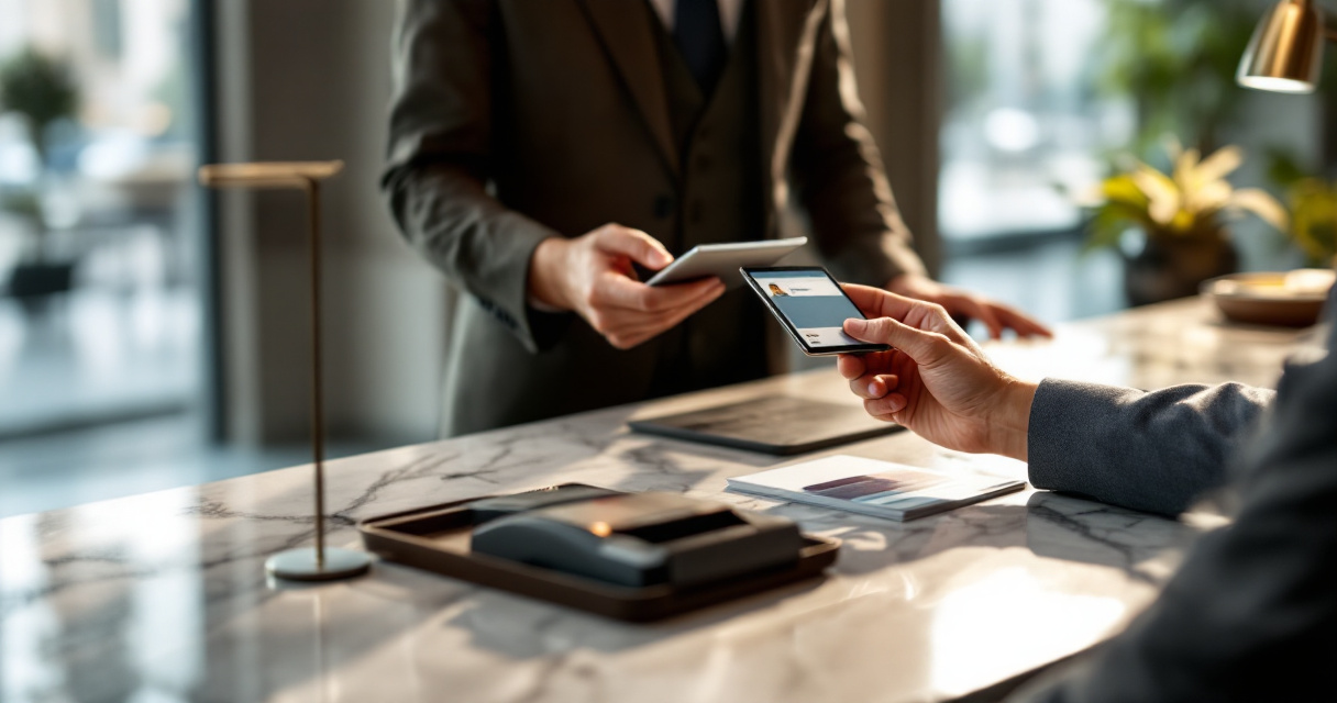 Hotel receptionist verifying guest ID with tablet and card at modern front desk