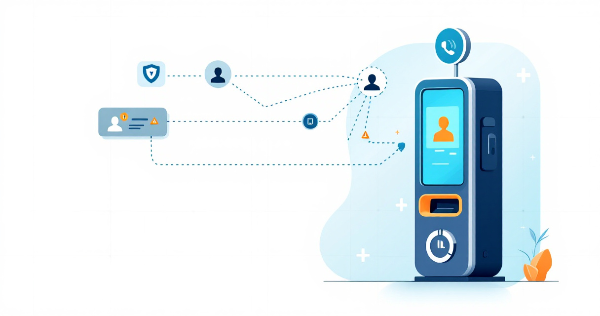 Infographic showing how a hotel self‑check‑in kiosk screens guests and blocks banned individuals while allowing approved guests to check in securely.