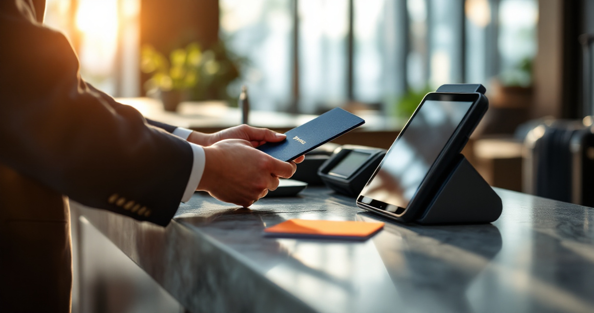 Hotel receptionist verifying guest ID and payment during a modern hotel check-in process