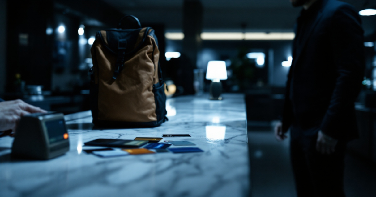 Hotel front desk moment showing suspicious payment behavior during guest screening