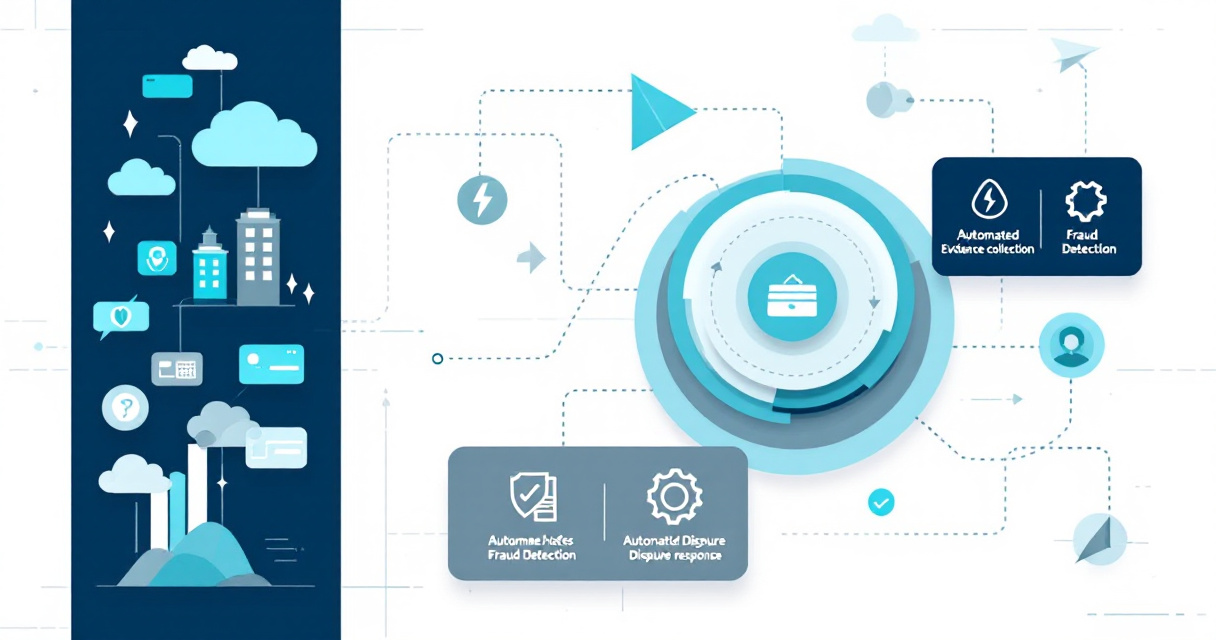 Infographic showing how hotel chargeback defense software detects fraud, automates dispute evidence, and improves revenue protection through a central platform connected to threat signals and positive outcomes.