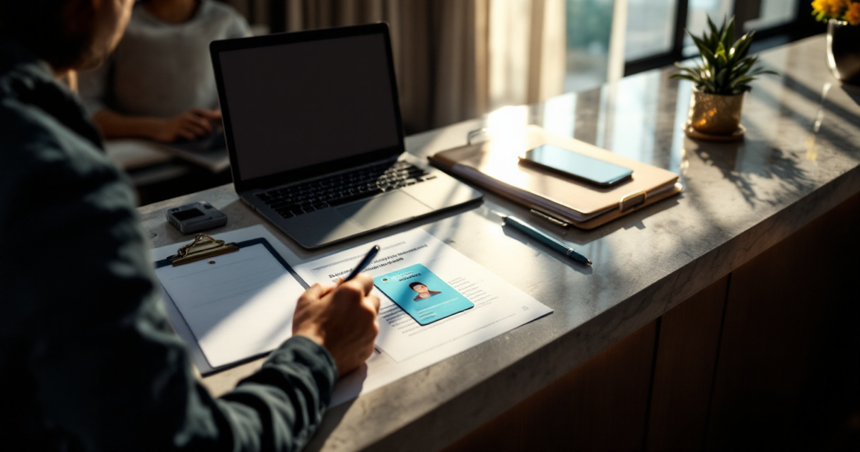 Hotel front desk workspace showing payment records and devices used for chargeback dispute evidence