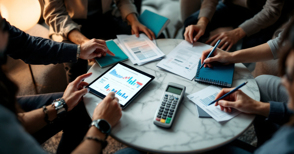 Hotel staff reviewing reservation evidence and payment devices during a chargeback strategy meeting