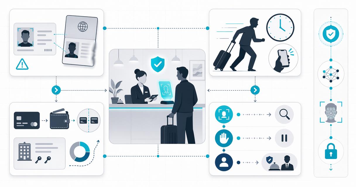 Infographic showing hotel check-in fraud red flags, with ID, payment, rushed behavior, and calm verification response icons.