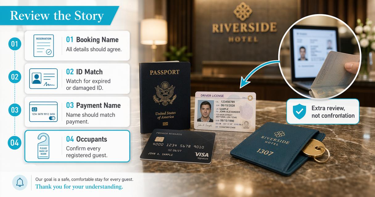 Hotel front desk identity review checklist with booking, ID, payment, and occupant checks.