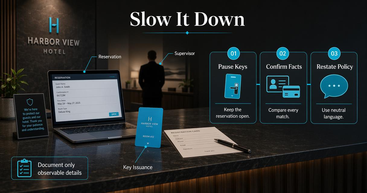 Hotel front desk response steps for suspected fraud: pause keys, verify facts, restate policy.