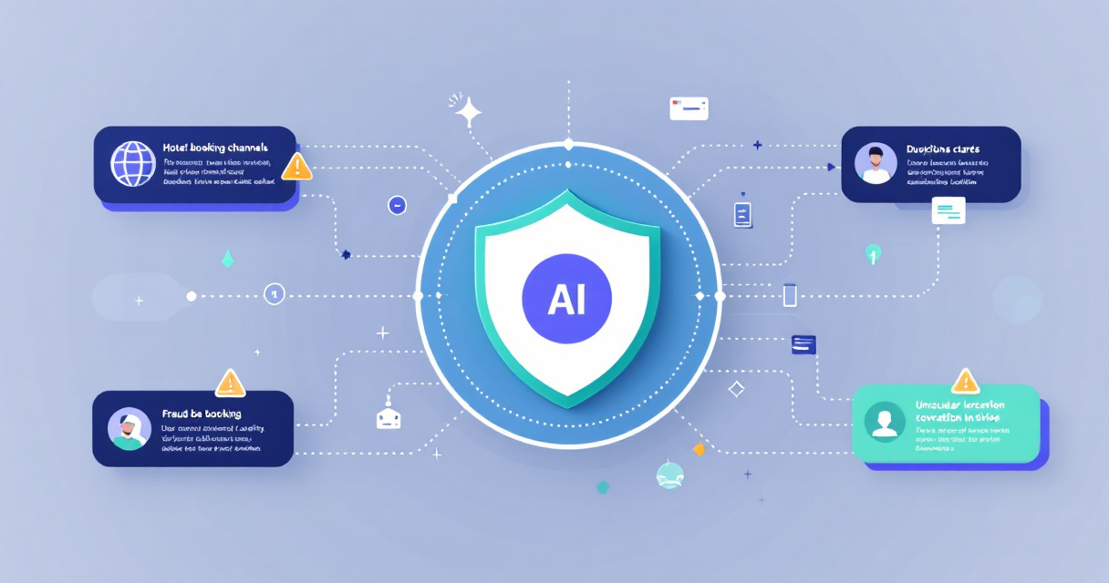 Infographic showing hotel booking channels feeding into an AI fraud detection shield connected to identity verification, payment security, and monitoring tools that protect hotel revenue and guests.