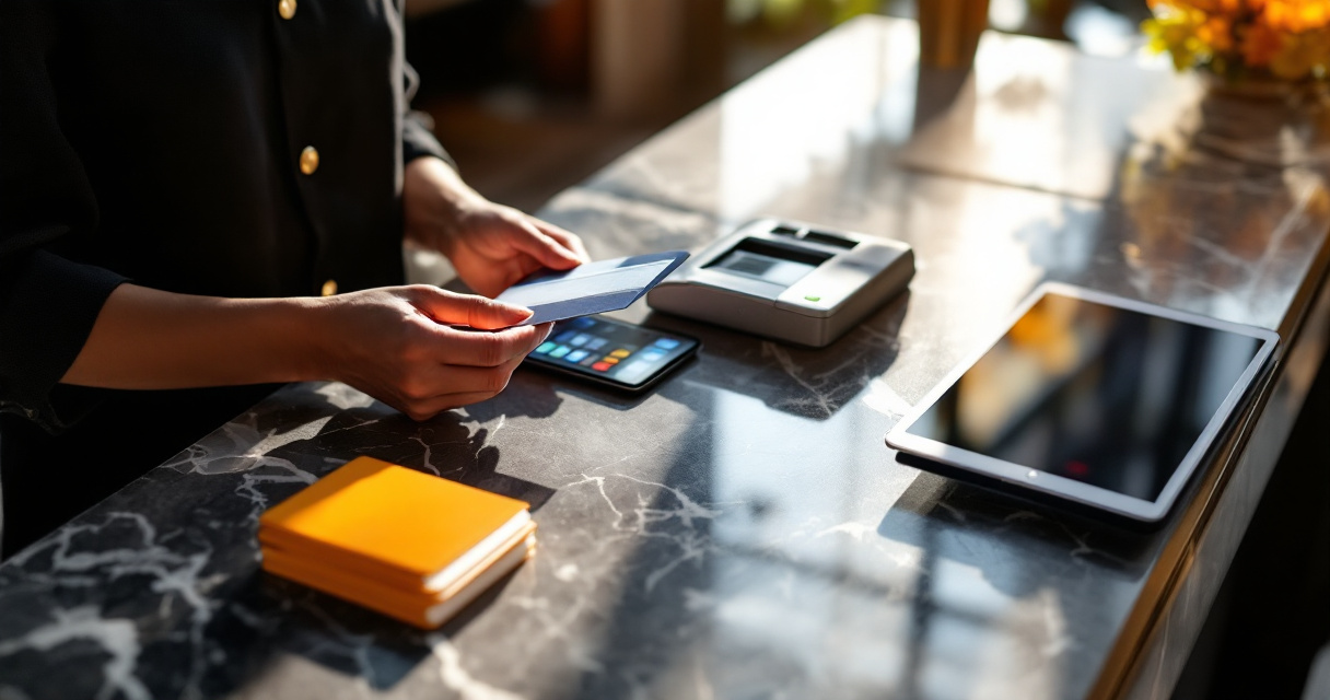 Hotel receptionist verifying guest identity and payment with secure tools at modern front desk
