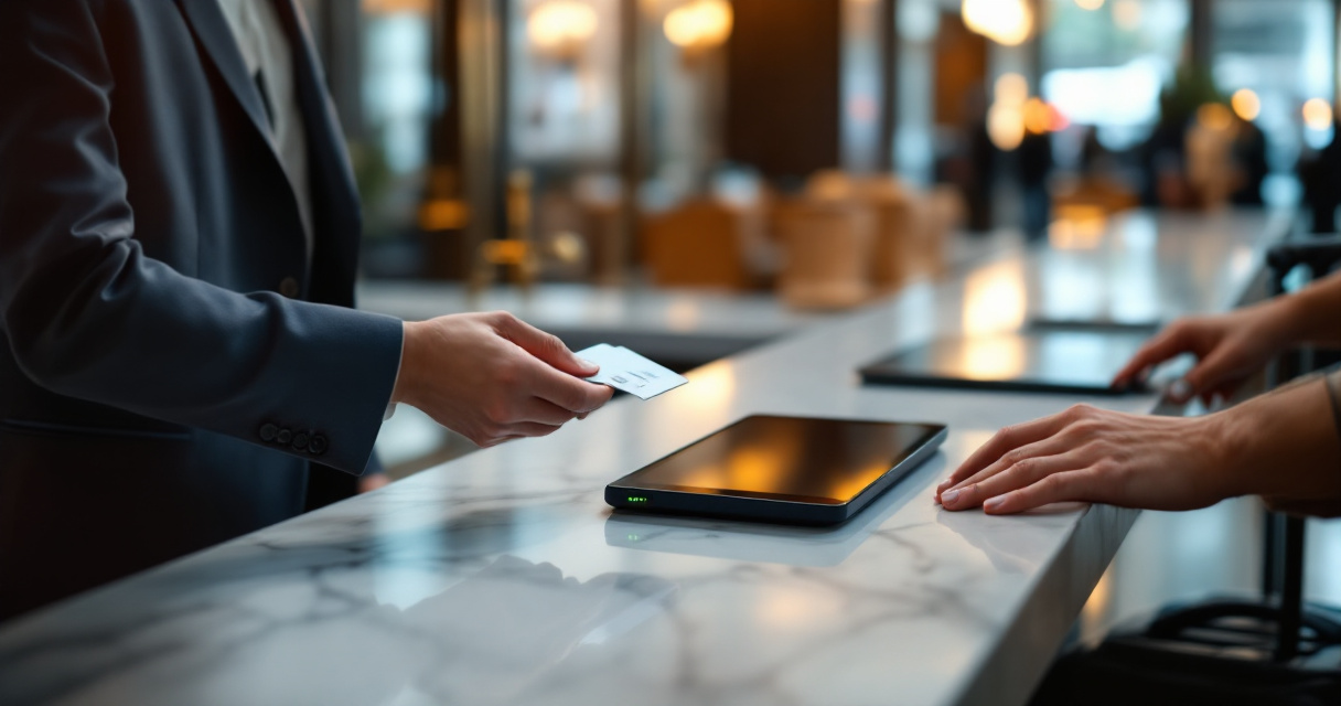 Hotel front desk staff scanning guest ID during a streamlined digital check‑in process