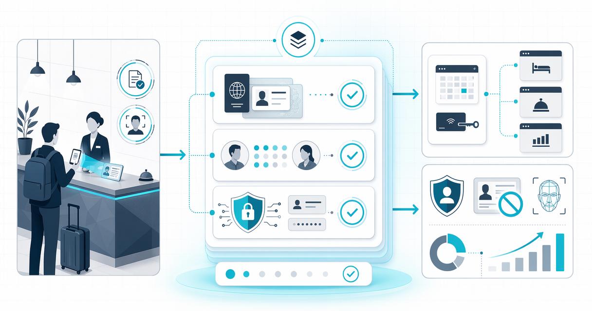 Flat infographic showing hotel ID verification workflow from front desk check-in to document checks, data matching, PMS integration, privacy controls, and fraud prevention.