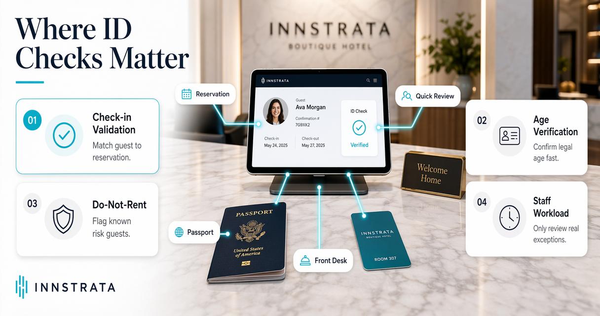 Editorial infographic of hotel ID verification use cases at check-in