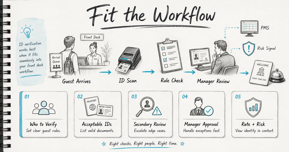 Annotated workflow diagram showing how ID verification fits hotel front desk operations